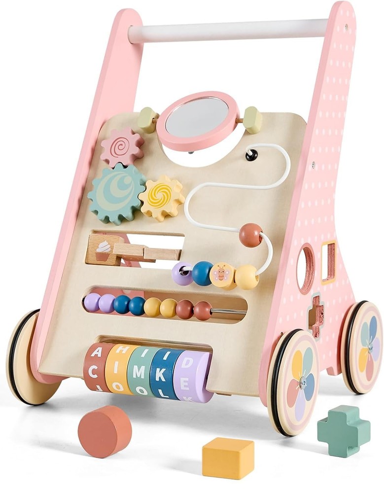 Paisure Pink Baby Push Walker for Girls 10+ Months, Wooden Baby Walker Push T…