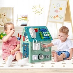 Wooden Busy House Montessori Toy w/ Sensory Games & Interior Storage Space