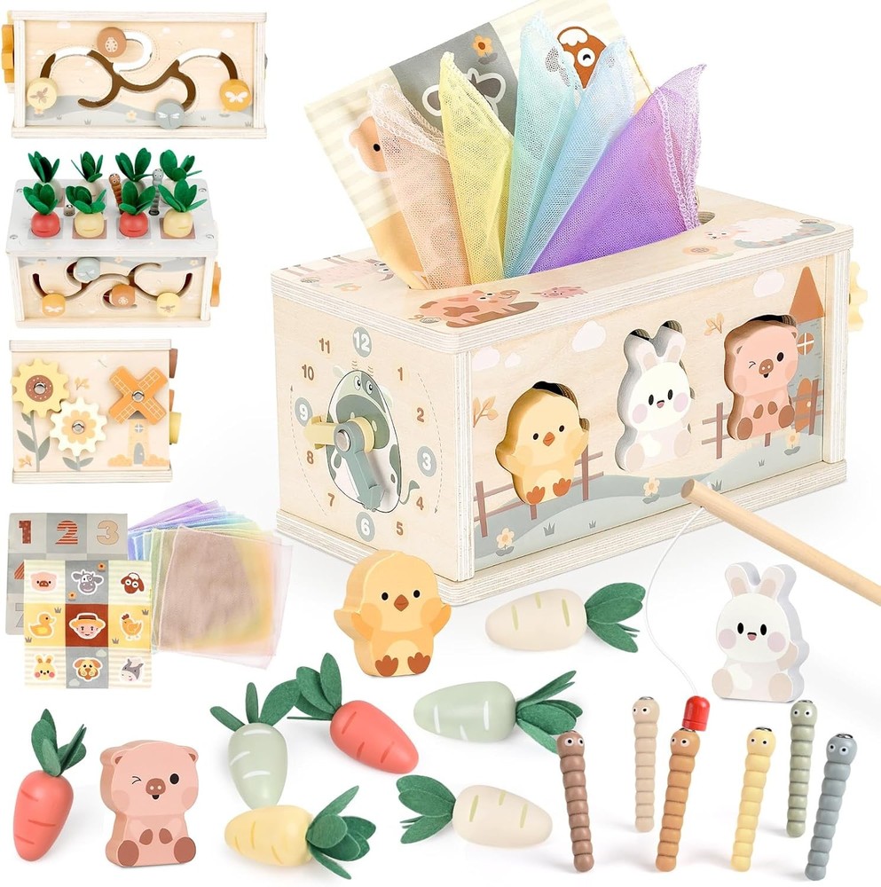 Joyreal 8-in-1 Montessori Tissue Box Toy for Baby 12 Months – Neutral Color Wood