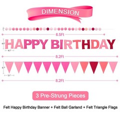 Pre-Strung Happy Birthday Banner & Felt Garland Set – Ombre Pink Birthday Dec…