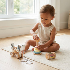 Wooden Dog Pull Along Toy Cat Stacking Rings Baby Toddler Learning Toy Set
