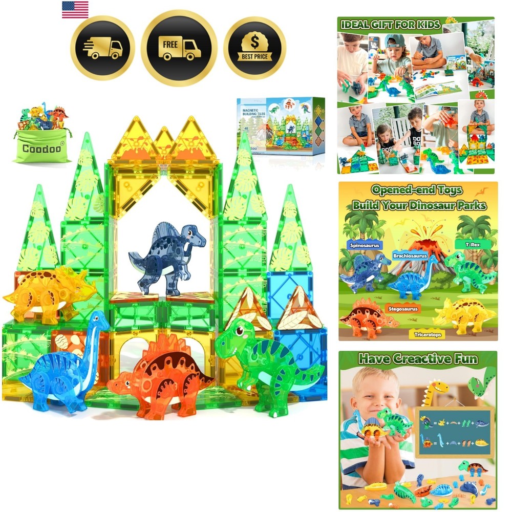 Dinosaur Toys Magnetic Tiles 3D Movable Dinos for Kids 3-5 5-7 Toddler Outdoo…