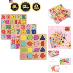 Wooden Puzzles for Toddlers, 3pack Alphabet Shape Puzzles for Kids 3 Wooden M…