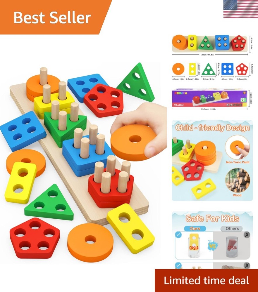 Montessori Wooden Sorting & Stacking Puzzle for Toddlers 1-3 – Safe & Fun