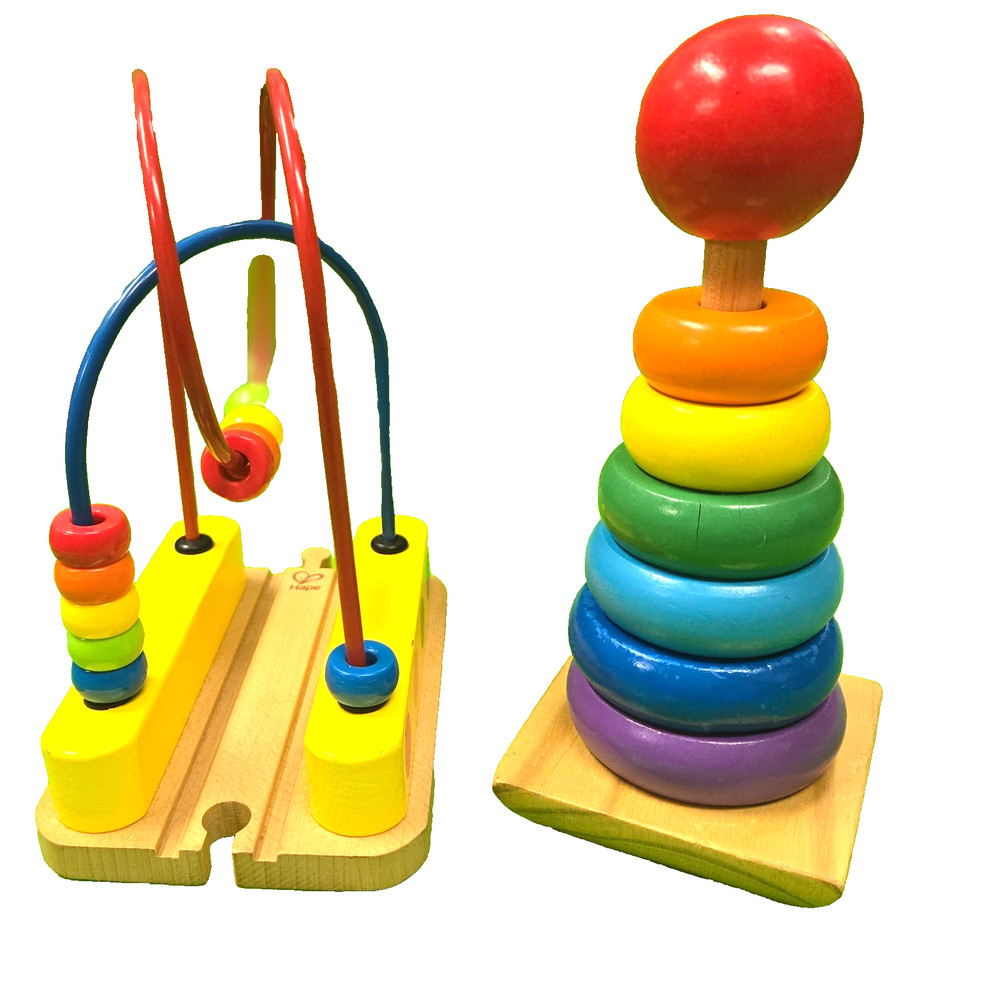 Wooden Stacking Rings & Bead Primary Colors Maze Wood Toys Toddler Preschool
