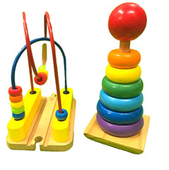 Wooden Stacking Rings & Bead Primary Colors Maze Wood Toys Toddler Preschool