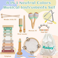 Kids Musical Instruments Set, Neutral Colors Wooden Montessori Toys | Percussion