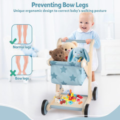 2 in 1 Wooden Baby Walker Push and Pull Doll Stroller, Shopping Cart Learning Wa