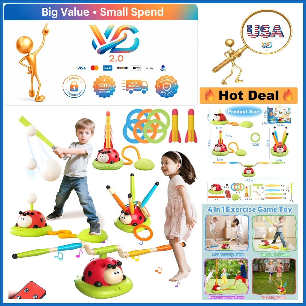 4 in 1 Ladybug Kids Game Set- Jump, Toss Ring, Baseball, Rocket Launcher