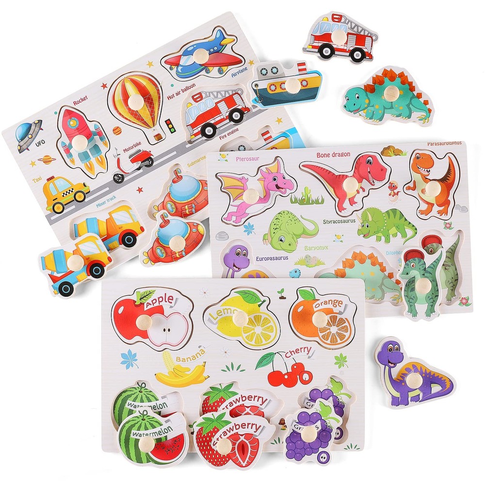 Wooden Peg Puzzles for Toddlers Set of 3 Traffic Dinosaur Fruit Learning Toy