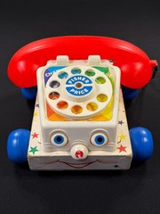 Vintage Fisher Price Chatter Telephone Pull Toy #747 Rotary Phone Wood Base
