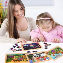 Wooden Puzzle Set for Kids 3-5, 4-Pack Dinosaur, Space & Transportation Toddler