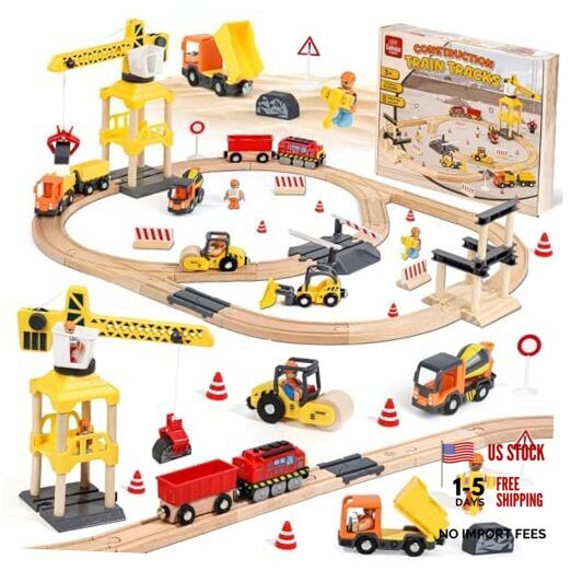 68PCS Wooden Train Set – Toy Train Set for Toddlers 2-4, Wooden Construction
