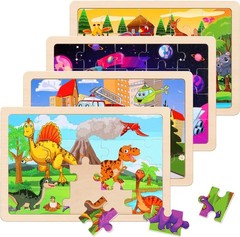 Wooden Puzzle Set for Kids 3-5, 4-Pack Dinosaur, Space & Transportation Toddler