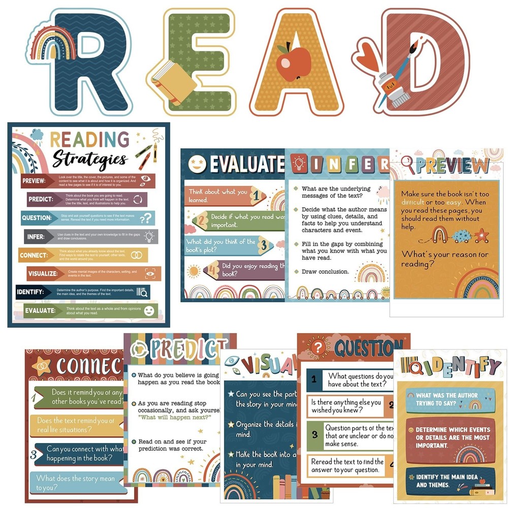 Colarr 13 Pcs Boho Reading Posters for Classroom Decorations Reading Strategi…