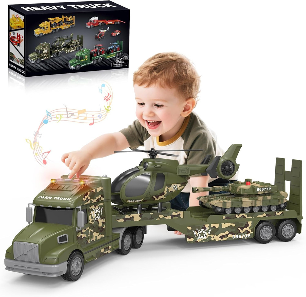 Toddler Toys for 3 4 5 6 Year Old Boys – 27″ Large Semi Army Truck Toy with Tank