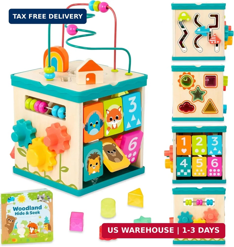 B. toys – Tabletop Activity Cube – Educational Storybook Included – Wooden Shape