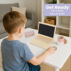 Wooden Pretend Office Play Set 10 Kids Toy Laptop Phone Cup Preschool Learning