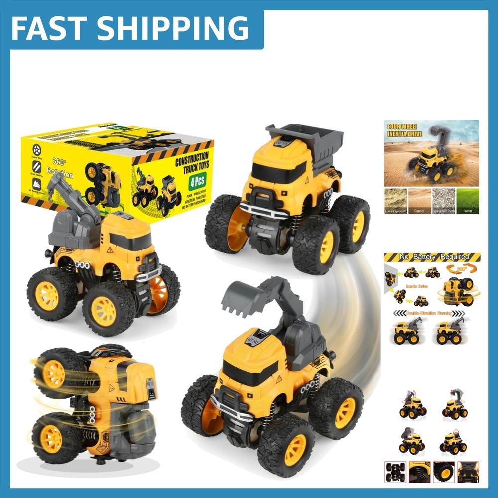 Friction Powered Toddler Construction Truck Set – No Batteries Needed, 4 Toys