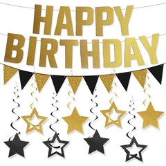 Happy Birthday Banner Black and Gold Birthday Decorations, Glitter Gold Bday …