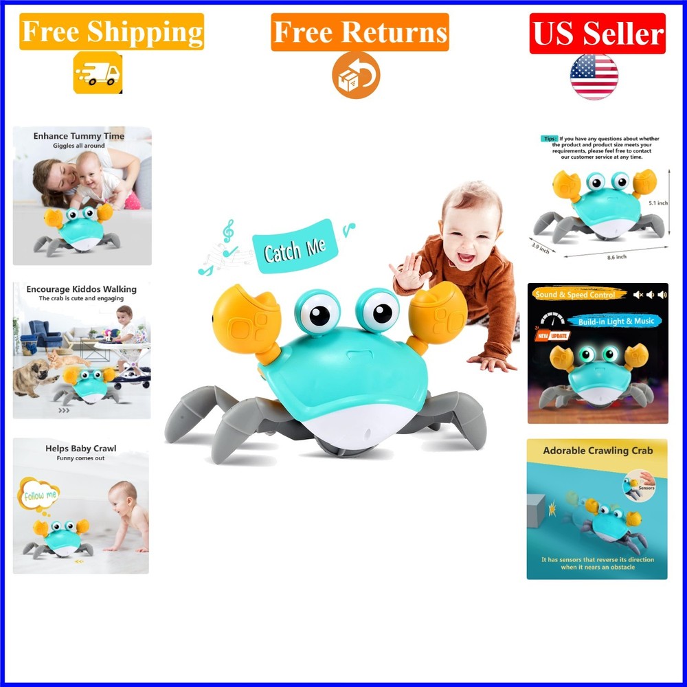 Crawling Crab Baby Tummy Time Toy – Interactive Lights, Sounds, 8x5x4in