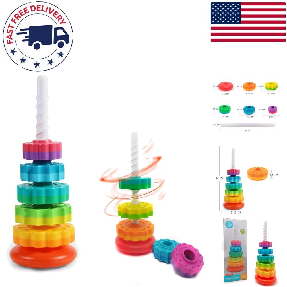 Durable 1 PCS Rainbow Spin Tower – Sensory Stacking Toy for Young Minds