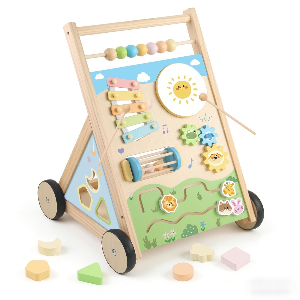 Ranqibo Wooden Baby Walker, Baby Walker with Wheels, Includes Montessori Sens…