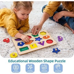 Wooden Shape Peg Puzzle Board, Educational Geometric Learning Board with Knobs,