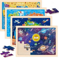 Wooden Puzzles for Kids Age 3 4 5 Year Old, 4 Pack 24 Pcs Toddler Jigsaw Puzz