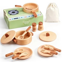 WHOHOLL Wooden Play Kitchen Accessories, Pretend Toys Pots and Pans Cooking S…
