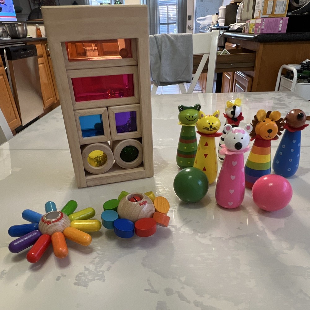 HABA Wonderworld Wooden Baby Toy Lot Rattles Animal Bowling Set BH688