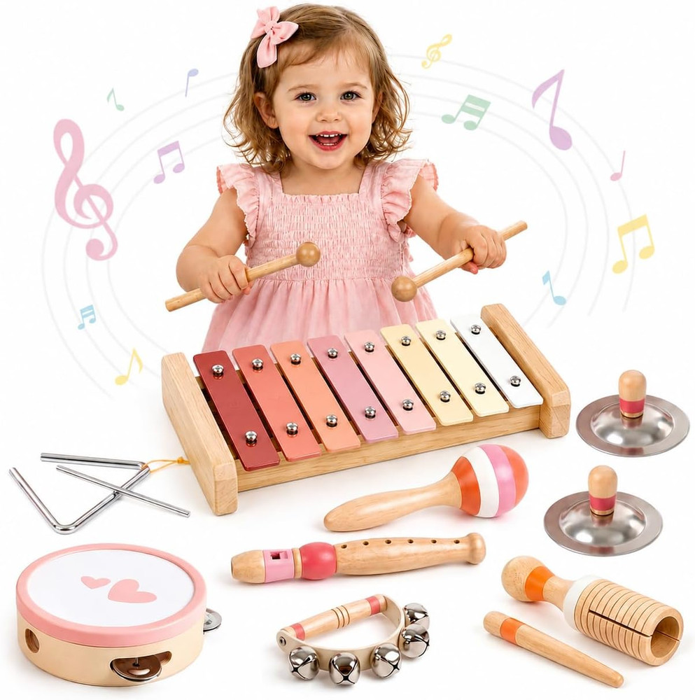 Montessori Musical Instruments Toys for 2 3 Year Old Girls Gifts | 8 in 1 Wooden