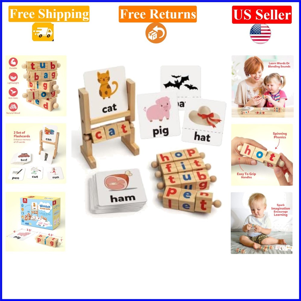 Wooden Reading Blocks & Spelling Flash Cards for Preschool Kids