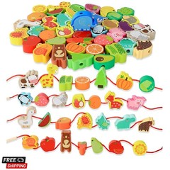 Montessori Educational Threading Toys Wooden Stringing Farm Animals Fruits La…