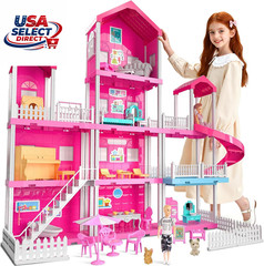 Pink Girl House Playset with 10 Rooms, 2 Dolls & Accessories