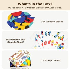 Pattern Blocks with Iron Box, Wooden, 96pcs | for Kids 3+, Montessori Learnin…