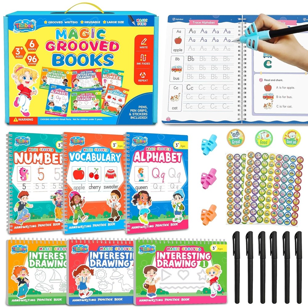 Tibibee Magic Grooved Handwriting Practice Books for Kids, Reusable Tracing Set