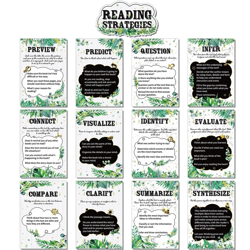 Pajean 13 Pcs Eucalyptus Reading Strategies Posters Boho Greenery Reading Bul…