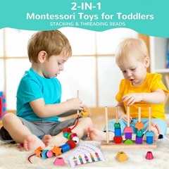 Montessori Bead Sequencing Toy Set, Wooden Stacking Blocks & Lacing Beads & M…