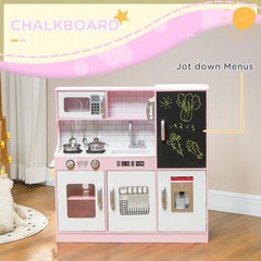Play Kitchen, Kids Kitchen Playset w/ Play Phone, Chalkboard, Pink