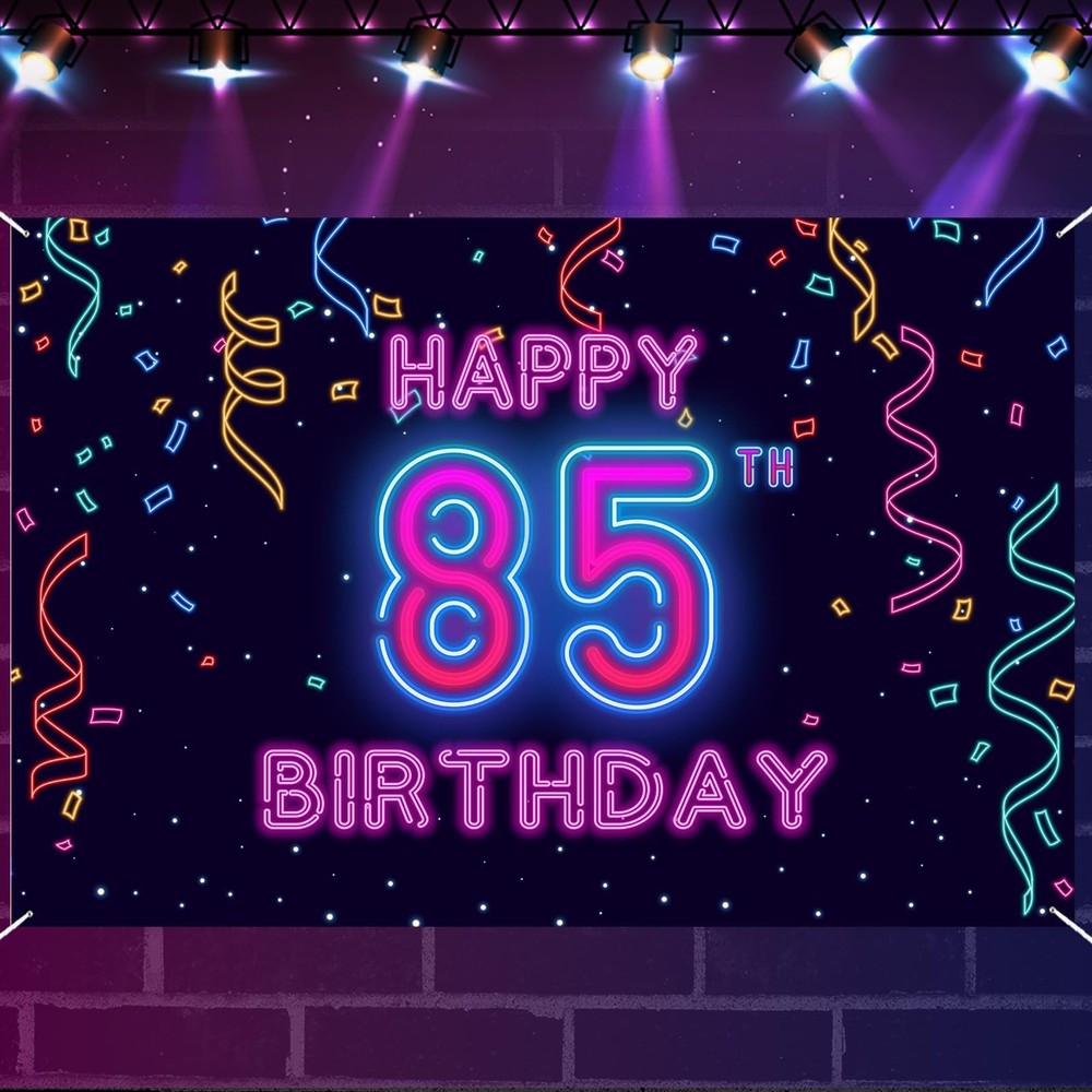 85th Neon Birthday Banner Backdrop, 85 Years Birthday Party Banner Let Glow P…