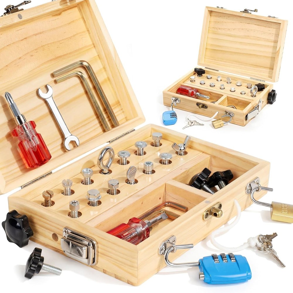 Montessori Screwdriver Board Set, Wooden Busy Board with Lock and Key, Kid Tool
