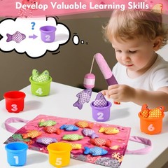 Montessori Toys for 1 Year Old – 20PCS Cloth Toddler Pink Fishing Game with S…