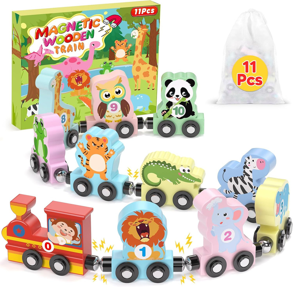 11 Pcs Magnetic Train Set Montessori Toys for Toddlers Boys Girls, Wooden Animal