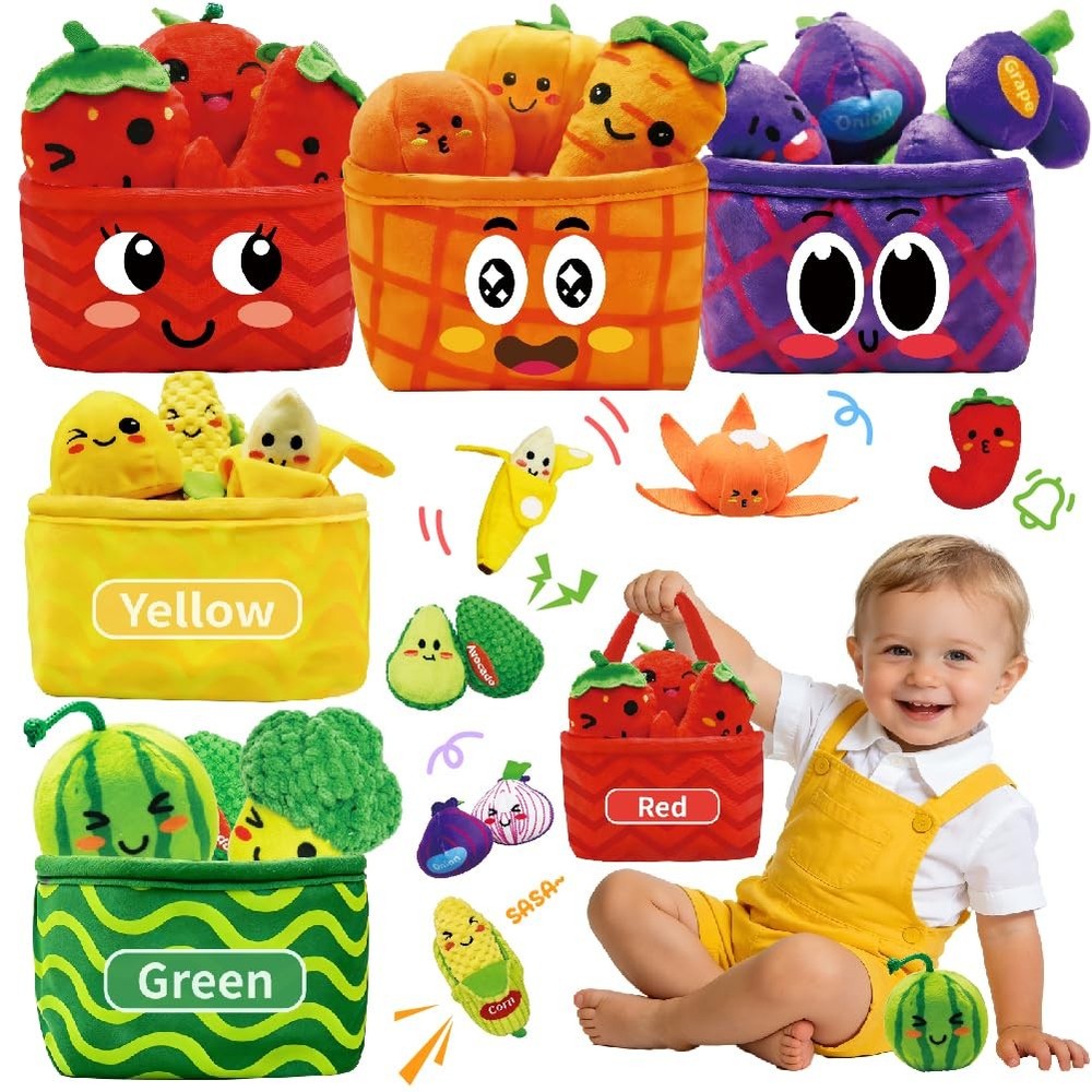 Play Food for Toddlers 1-3, Plush My First Fruit Vegetables Basket Color Sort…