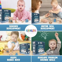 Giggles Montessori BLUE Wooden Baby Toy & Wooden Baby Rattle, 0-6 Months Toys