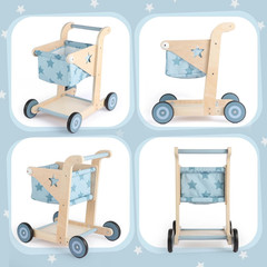 2 in 1 Wooden Baby Walker Push and Pull Doll Stroller, Shopping Cart Learning Wa