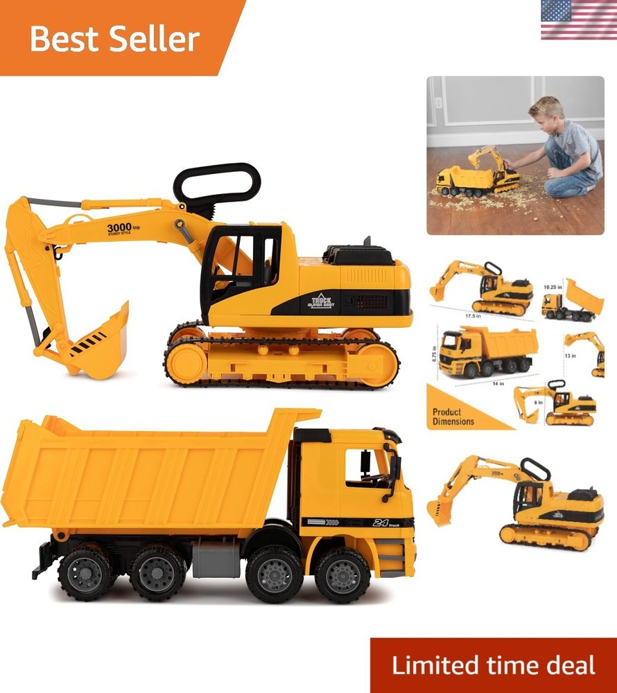 Excavator & Dump Truck Toy Set – 2 Construction Vehicles for Kids Ages 3+