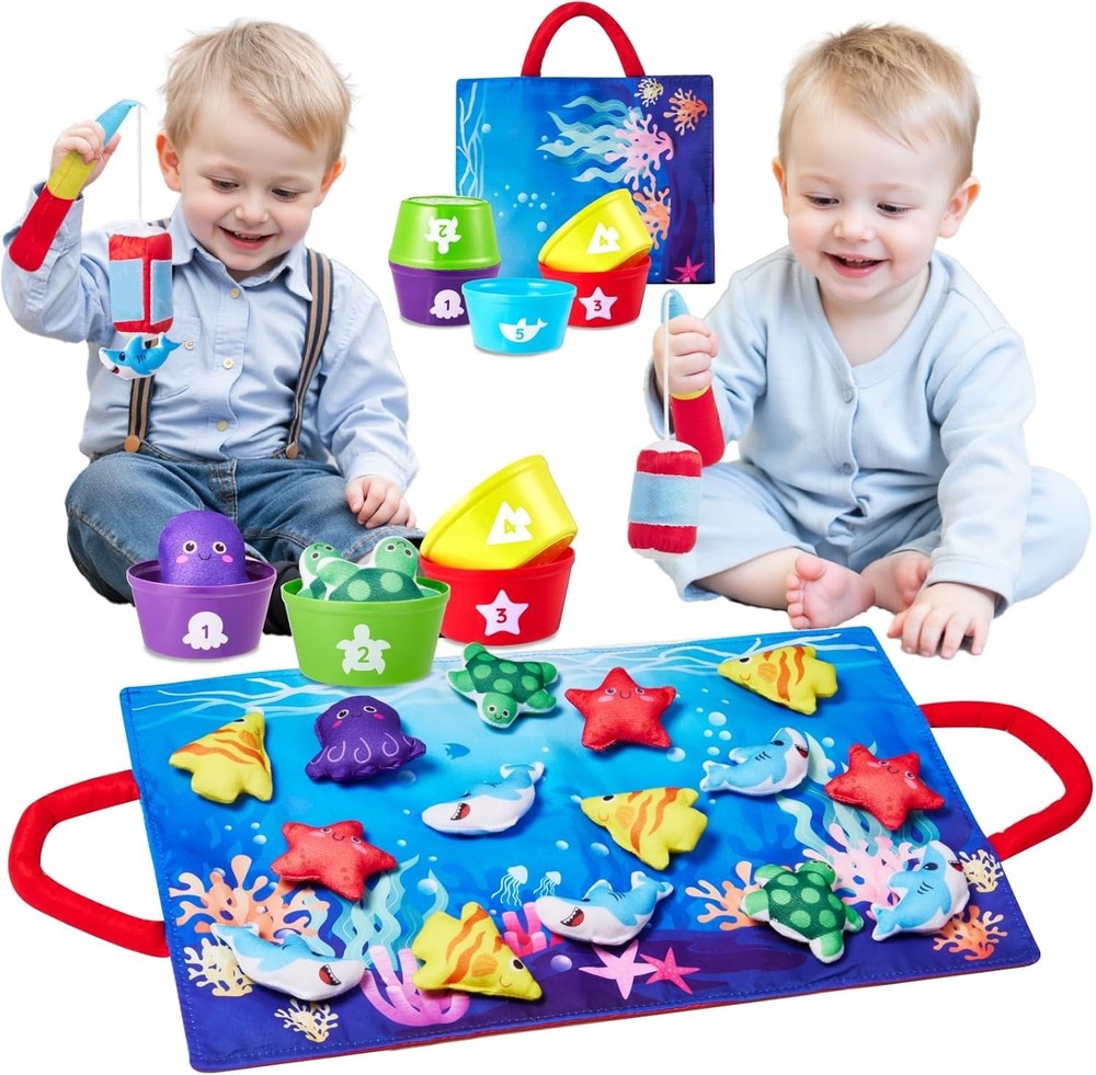 23pcs Sea Animal Cloth Fish Game for kids with 2 Fishing Pole, Montessori Toy