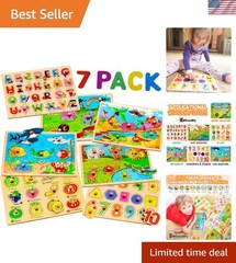 Chunky Wooden Peg Puzzles (7 Pack) for Kids 2-5 – Alphabet, Numbers & Animals